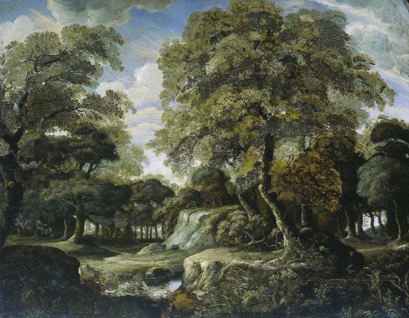 Landscape featuring a forest with trees and dappled light, oil painting by Jan van der Heyden.
