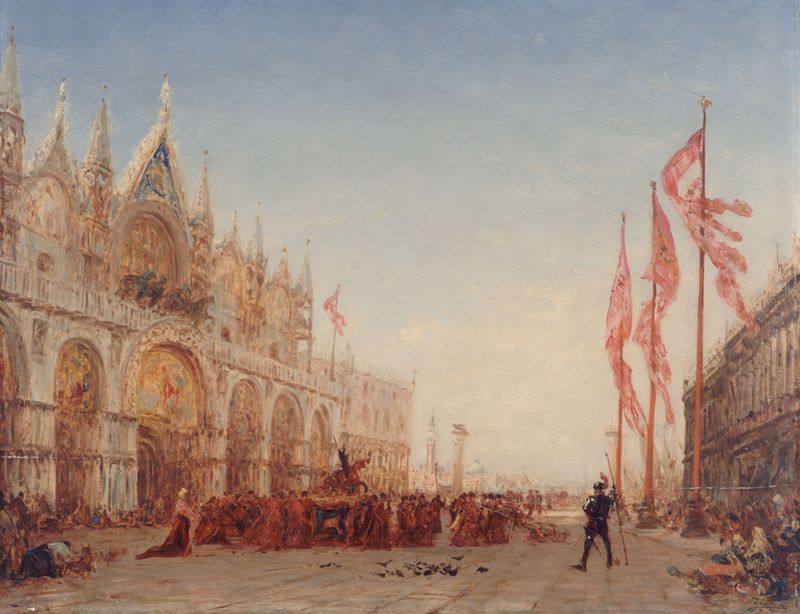 Escena histórica de una procesión en Venecia de Félix Ziem, pintura al óleo