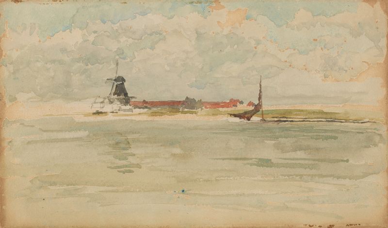 A Little Red Note–Dordrecht de James Abbott McNeill Whistler, pintura a óleo com um rio e uma paisagem urbana.