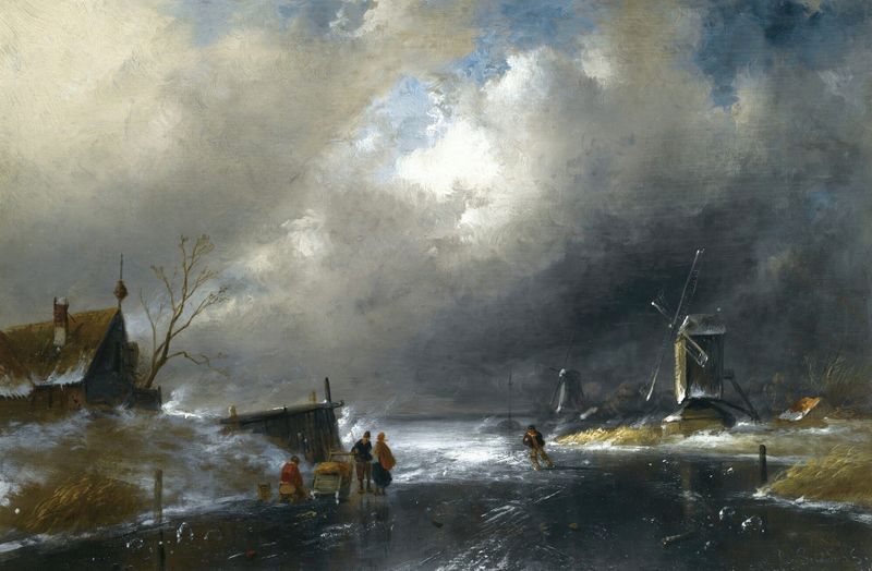 Figuras em um rio congelado, óleo sobre tela de Charles Leickert