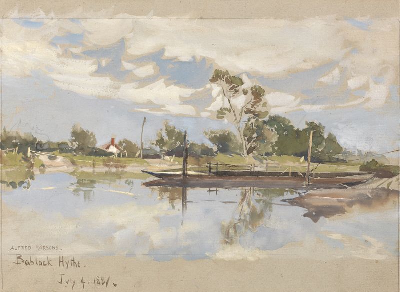 Aquarela de Alfred Parsons representando salgueiros ao lado de um rio em Bablock Hythe, perto de Oxford