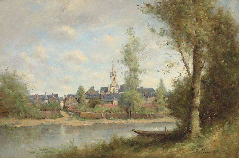 Paisagem com luz filtrando através das árvores, pintura a óleo de Paul Désiré Trouillebert.