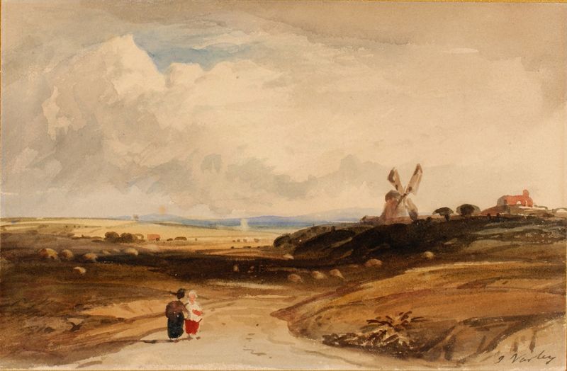 Aquarela de John Varley representando uma paisagem serena com colinas e um riacho.