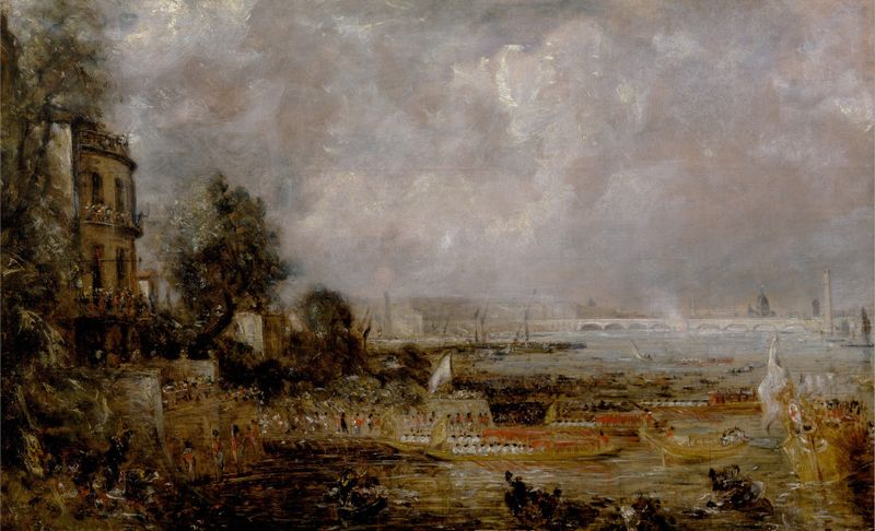 A Abertura da Ponte de Waterloo de John Constable, óleo que retrata uma paisagem fluvial com nuvens.