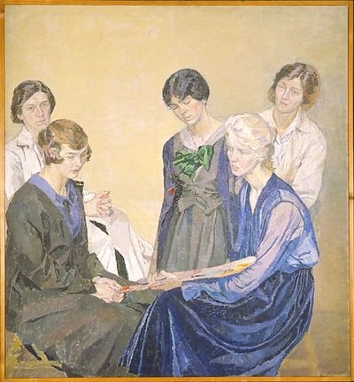 Figurative oil painting by Carl Wilhelmson depicting students at an art school