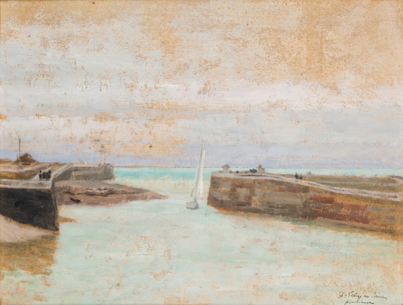 Entrance to the Harbour at St Valery en Caux de Józef Pankiewicz, pintura a óleo que retrata barcos na água ao entardecer