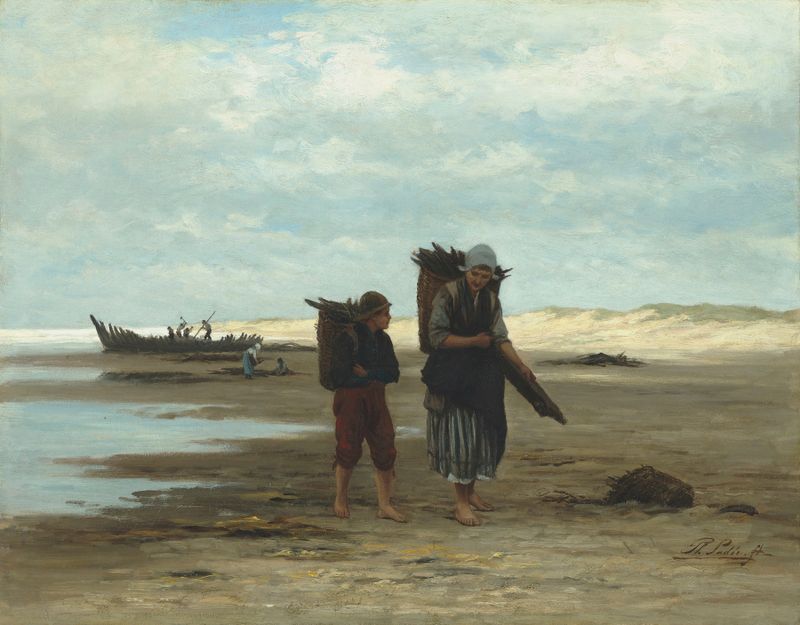 Beachcombers de Philip Sadée, óleo sobre lienzo que representa figuras en la orilla.