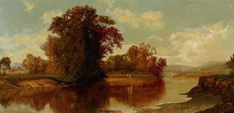 River Vista with Covered Bridge, oil on canvas by American School, depicting a serene landscape with a bridge.