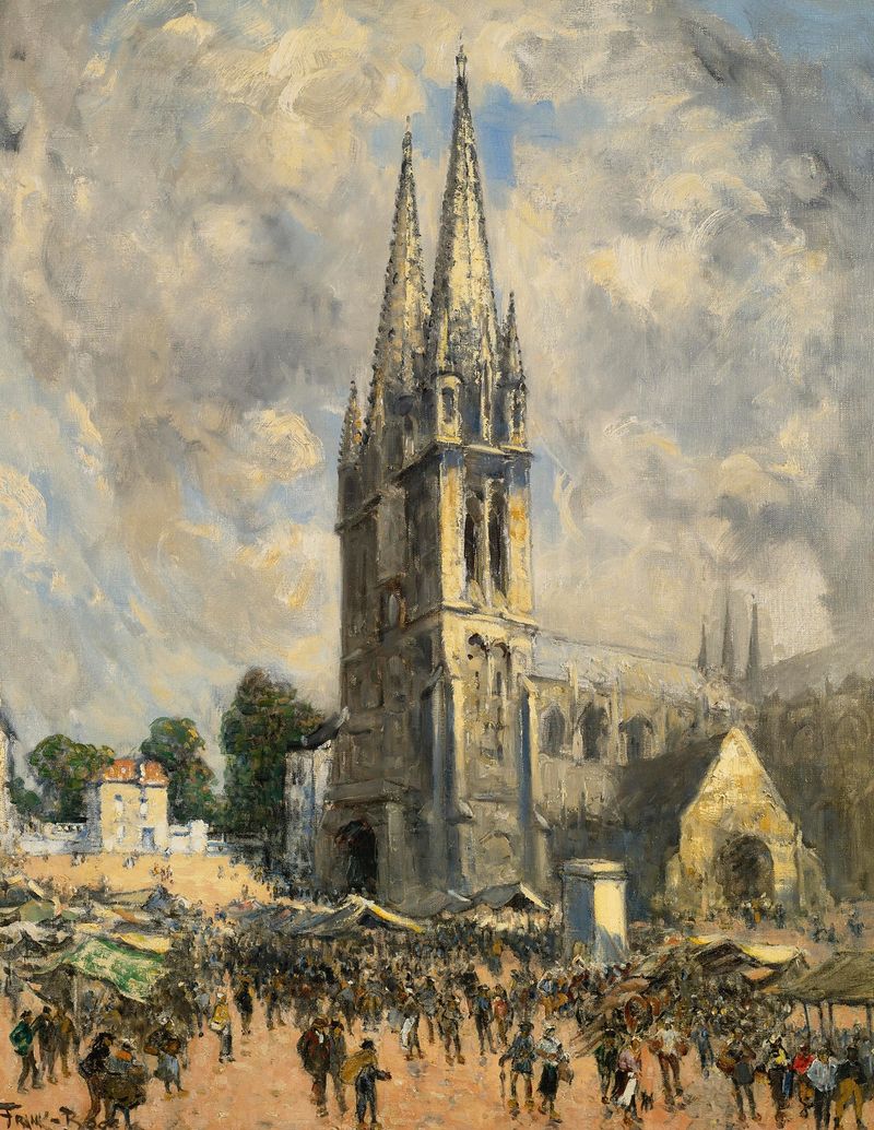 Eglise En Normandie de Frank Myers Boggs, óleo sobre tela que retrata uma igreja iluminada pela luz do amanhecer.