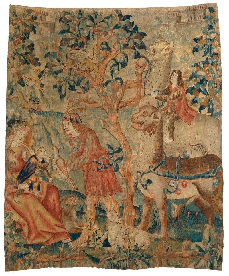 Fragmento de tapiz que representa a un hombre salvaje y animales en un paisaje, artista desconocido