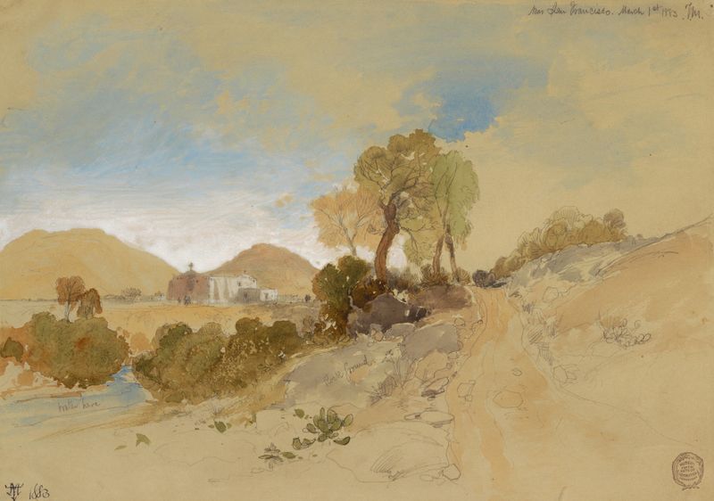 Paisaje con montañas y colinas al atardecer, pintura al óleo de Thomas Moran