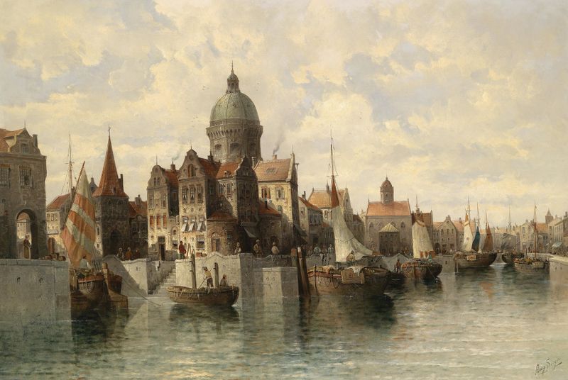 Blick auf Amsterdam by August Von Siegen, landscape with river and architecture, unknown medium