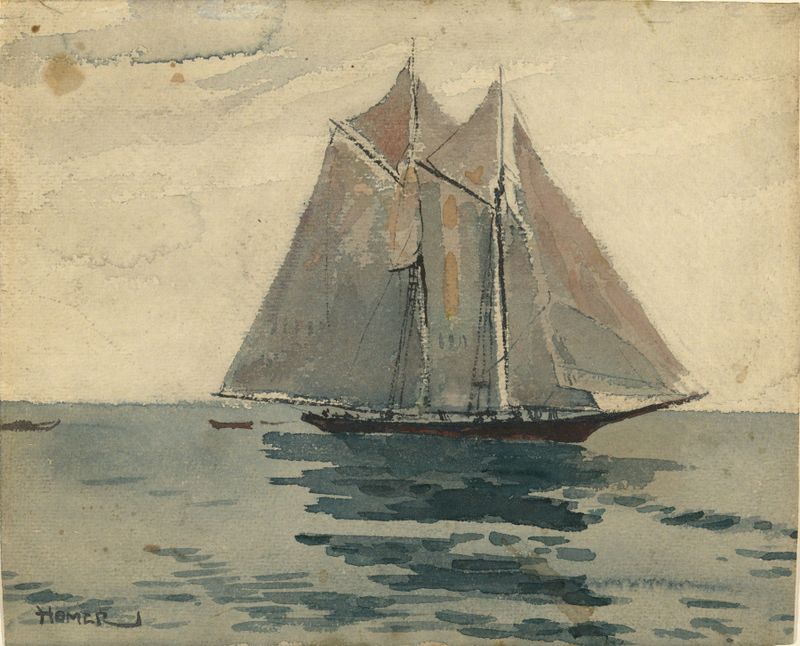 Gloucester Schooner de Winslow Homer, pintura a óleo que retrata um barco em meio a ondas tumultuosas.