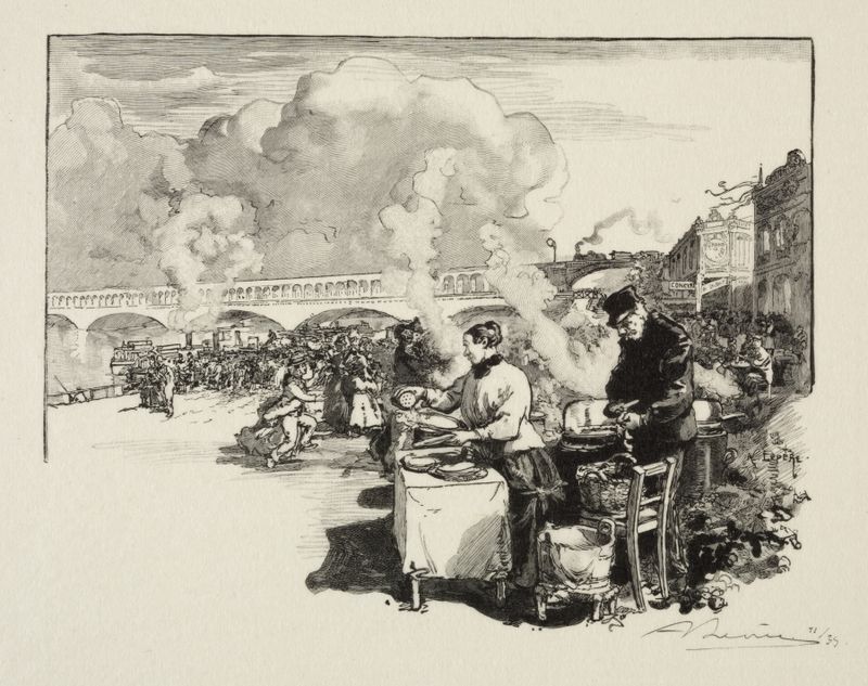 Engraving by Auguste Louis Lepère depicting boats at a dock during twilight