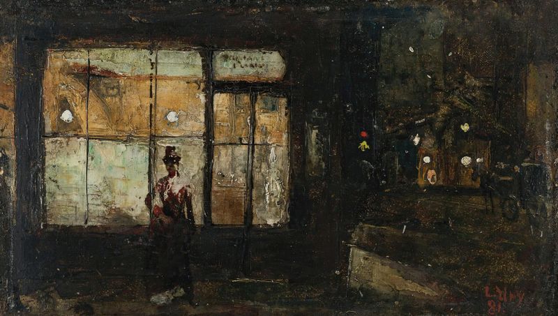 A vitrine iluminada à noite, óleo sobre tela de Lesser Ury, retratando uma vitrine quente à noite.
