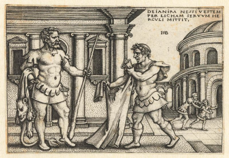 Grabado de Hans Sebald Beham que muestra a Lichas entregando la capa a Hércules