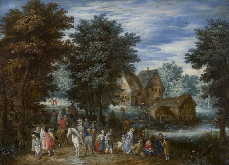 Pintura a óleo de Karel Beschey mostrando cavaleiros e caminhantes em um caminho em uma paisagem fluvial.
