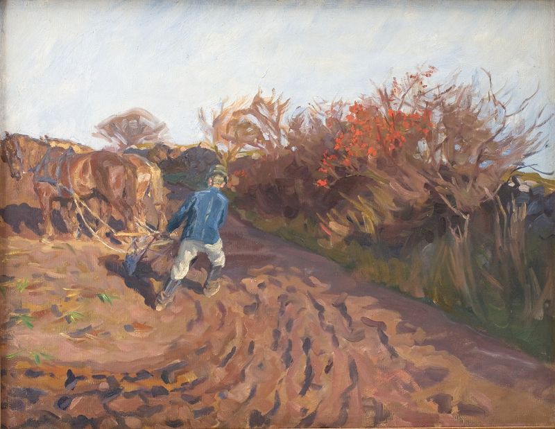 The Ploughman Turns by Peter Hansen, realism, depicting a man in a rural landscape, earthy tones