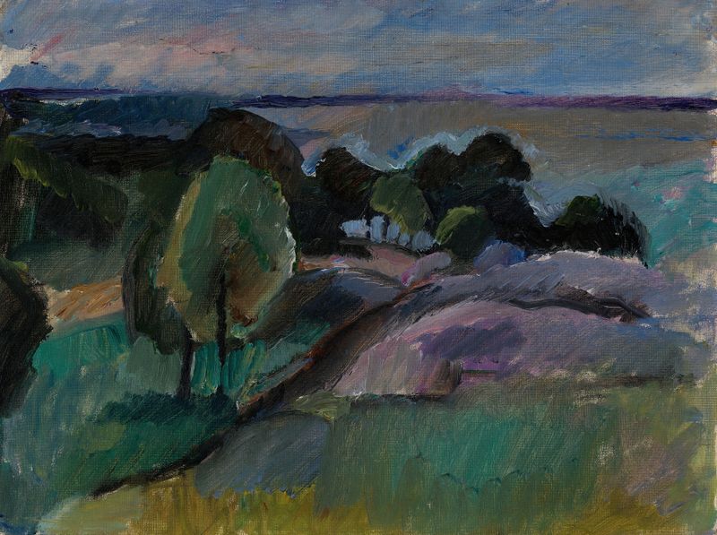 Paisaje de Korkeasaari, óleo sobre lienzo de Valle Rosenberg que muestra un atardecer sobre la naturaleza.