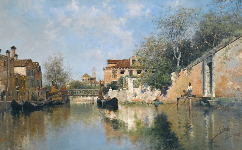 A Venetian canal scene with reflections of buildings, oil on canvas by Rafael Senet y Perez