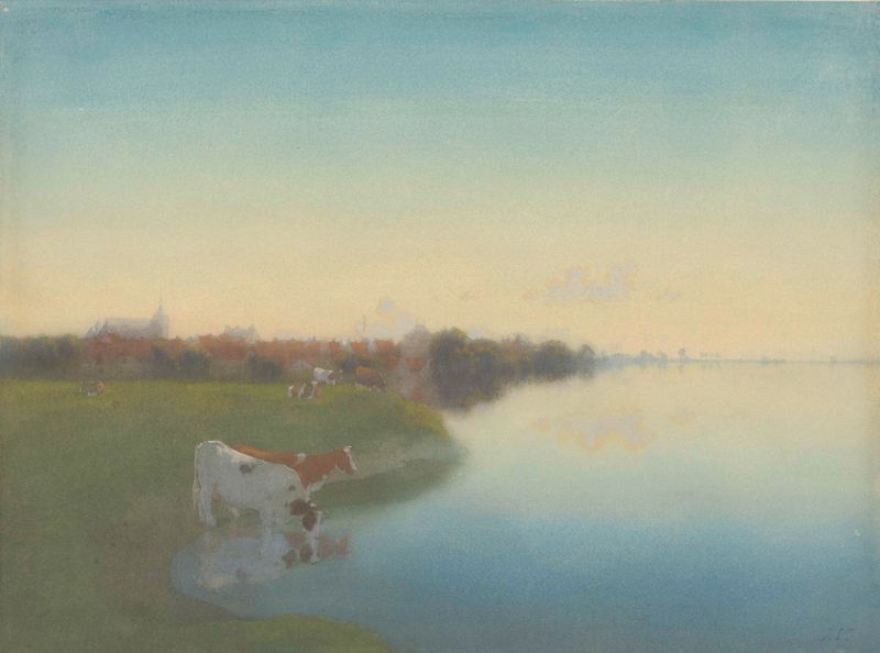 Oever van de IJssel bij Hattem, oil on canvas by Jan Voerman, depicting a river and sky.