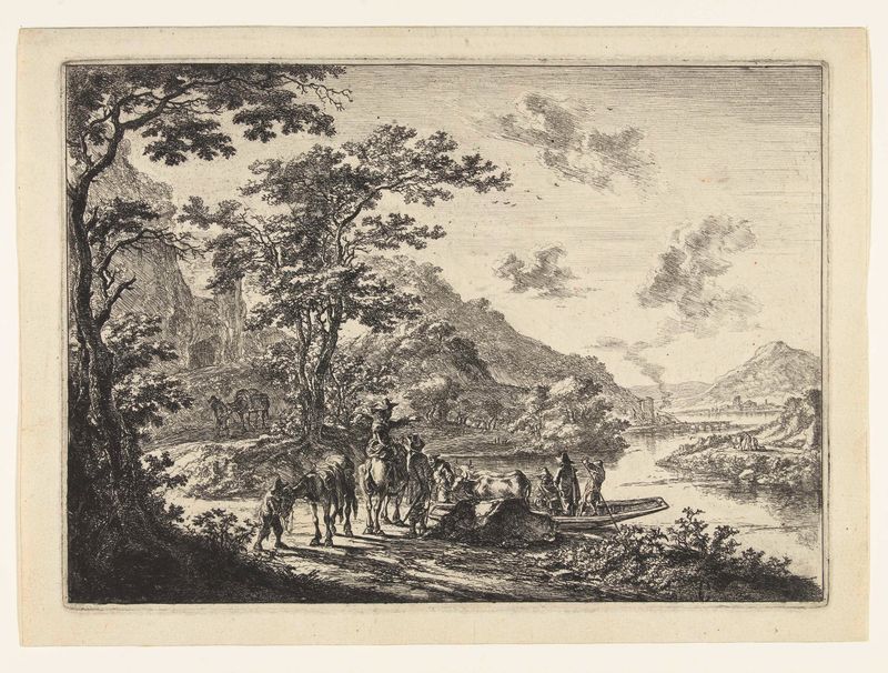Landschap met veerpont en wachtende reizigers aan oever van de Tiber, grabado de Jan Both