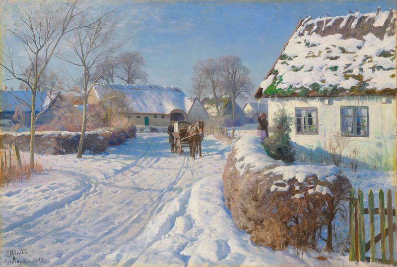 Un pueblo en la nieve, pintura al óleo de Peder Mørk Mønsted