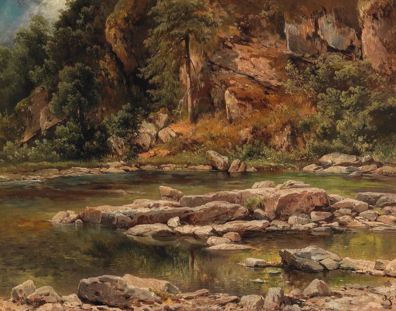 A wooded river landscape by Carl Franz Emanuel Haunold, oil on canvas, featuring a gentle river and lush foliage.