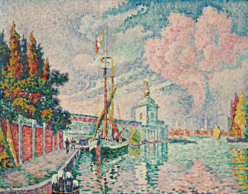 La Dogana, Venise de Paul Signac, óleo sobre lienzo que representa la vibrante arquitectura veneciana y el agua.