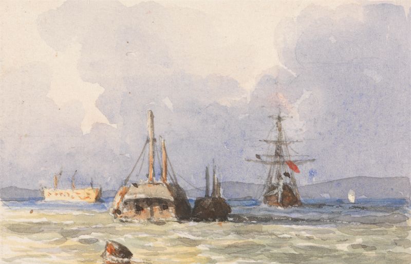 Marine scene depicting ships in harbor, oil painting by George Jackson