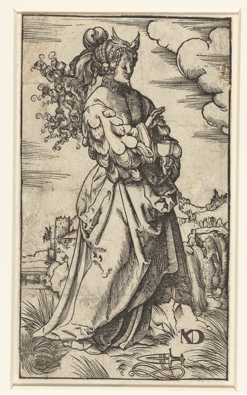 Figurative artwork of a wise maiden with a burning oil lamp, paper by Niklaus Manuel Deutsch
