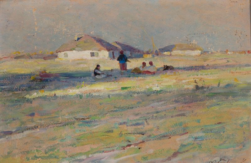 Pintura al óleo de paisaje de Władysław Galimski que muestra campos dorados bajo la luz del sol