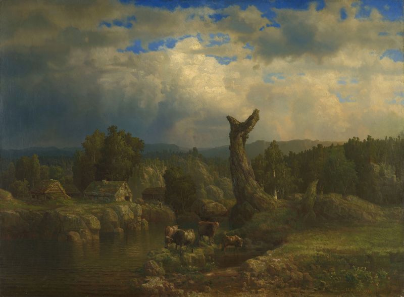 Summer Landscape, Thunder looms by Lars Hertervig, oil on canvas depicting a stormy landscape.