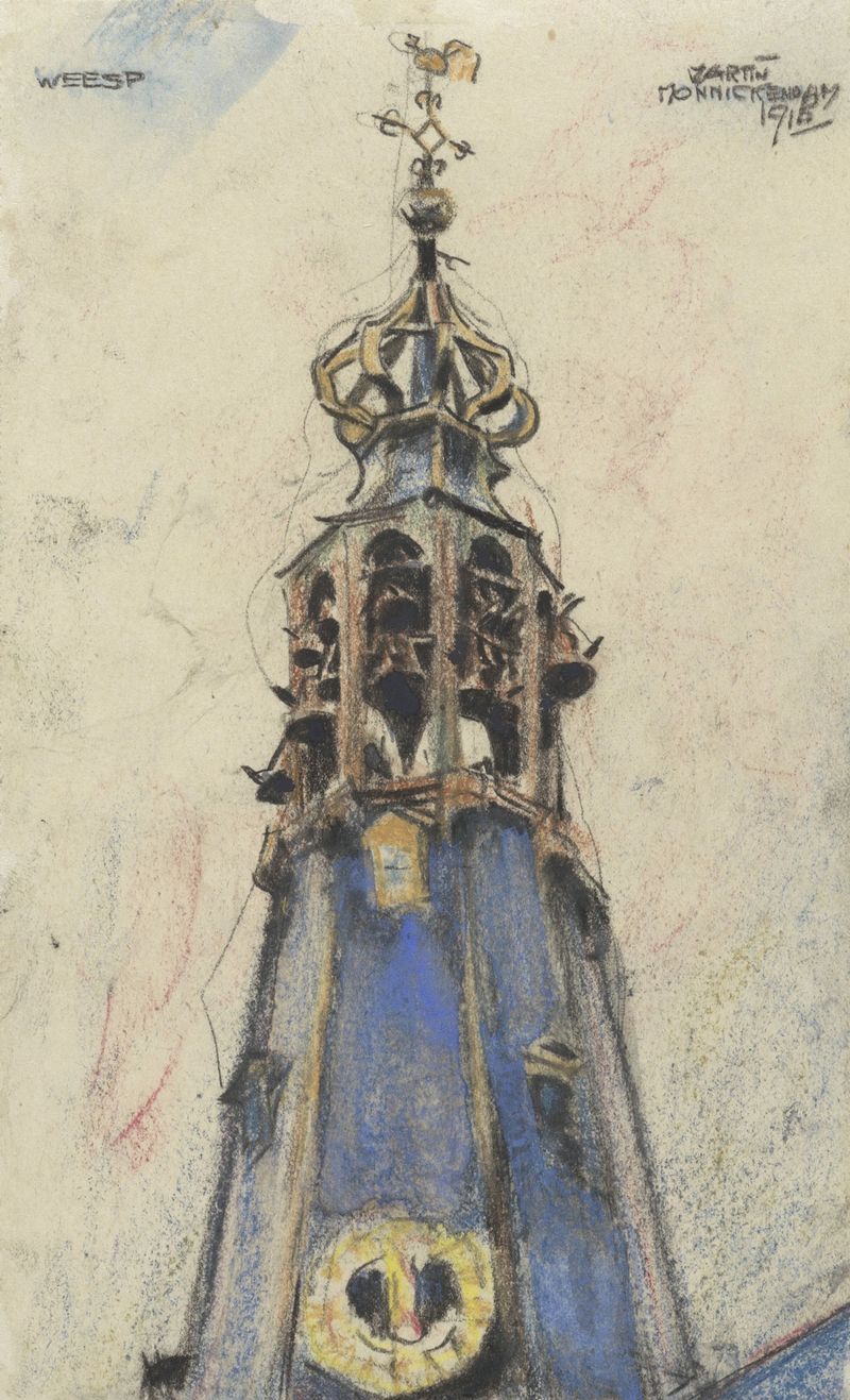 Kerktoren te Weesp by Martin Monnickendam, oil on canvas depicting a church tower against a soft sky