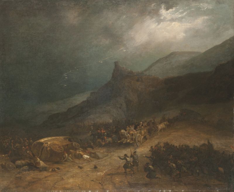Escena de batalla histórica con jinetes en conflicto, óleo de Genaro Pérez Villaamil