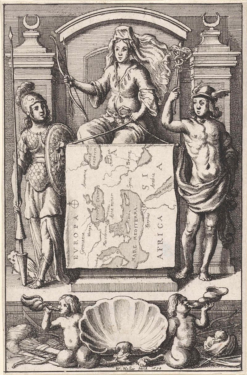 Diana geflankeerd door Minerva en Mercurius, grabado de Wenceslaus Hollar