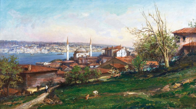 Istanbul landscape with rooftops and streets, oil on canvas by Fausto Zonaro