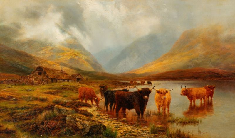 Landscape of a rainy day in the Scottish highlands by Louis Bosworth Hurt, oil painting