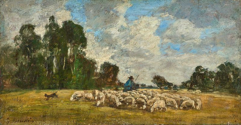 Pintura de paisaje al óleo de Eugène Boudin que muestra olas y nubes en colores suaves.