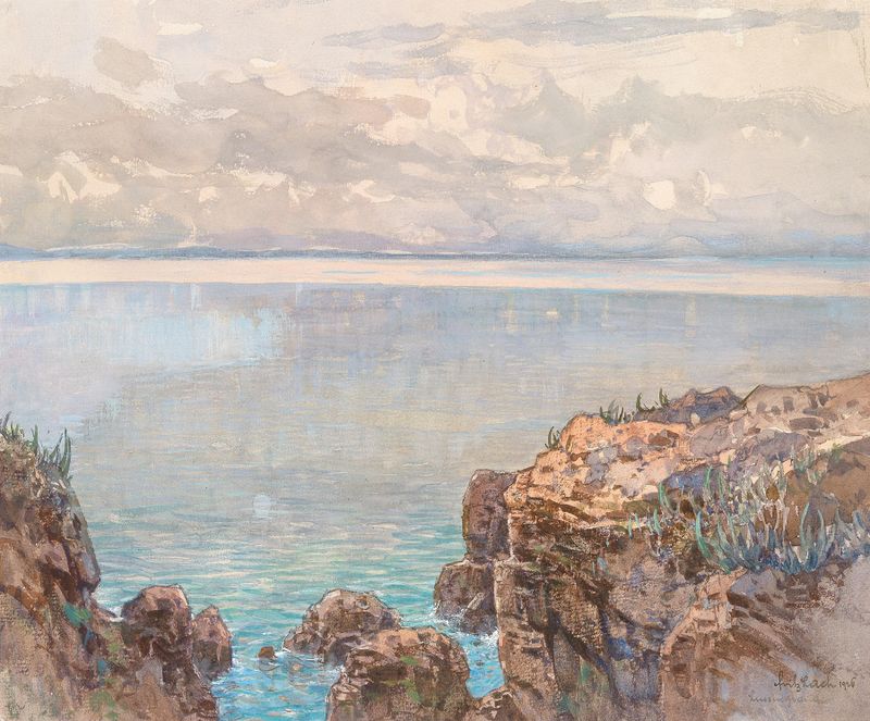 Rocky coast and quiet sea by Fritz Lach, oil painting depicting cliffs and calm sea