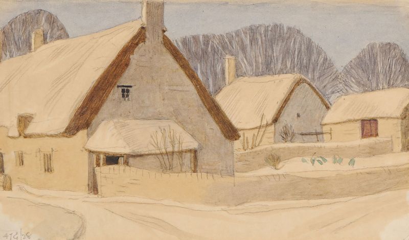 Cottages in Snow, óleo de Arthur Joseph Gaskin, que muestra cabañas bajo una manta de nieve.