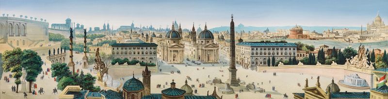 Landscape by Leopoldo Calvi, showcasing a city with soft blues and ochre hues.