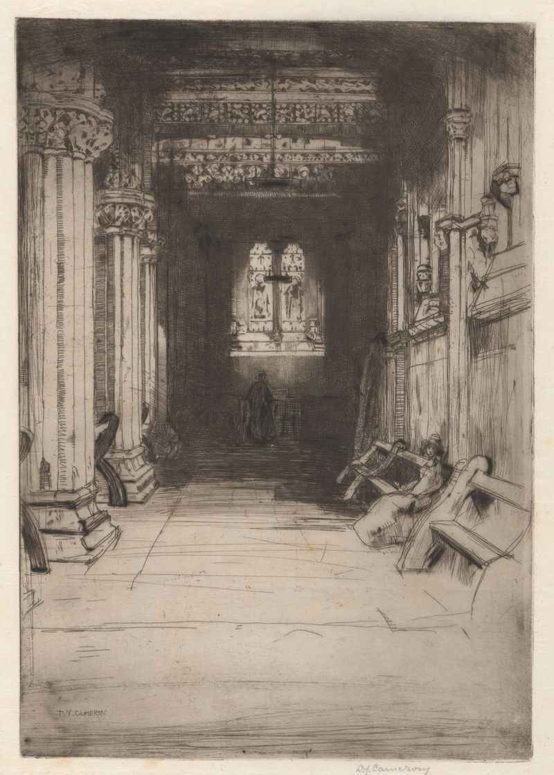 Rosslyn Chapel engraving by David Young Cameron featuring intricate stonework and light.