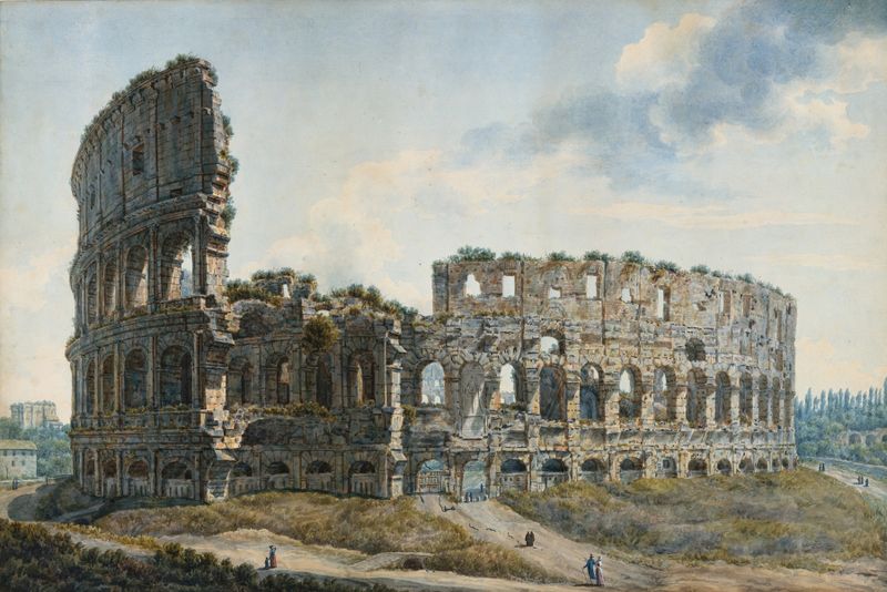Watercolour by Abraham-Louis-Rodolphe Ducros depicting the Colosseum, Rome with light and shadows