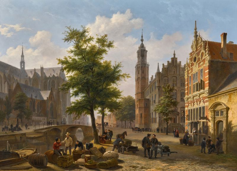 A Busy Market Place in a Dutch Town by Bartholomeus Johannes van Hove, oil painting depicting a vibrant market scene.