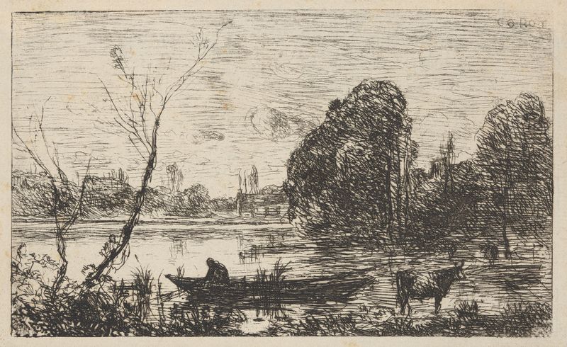 Pond with boatman at twilight, óleo de Jean-Baptiste-Camille Corot