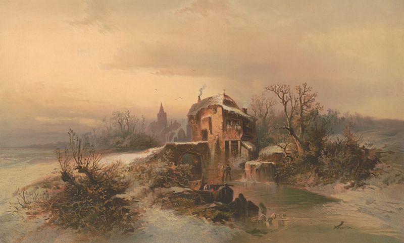 Winter landscape with snowflakes, oil painting by Edmund Foerster & Co.