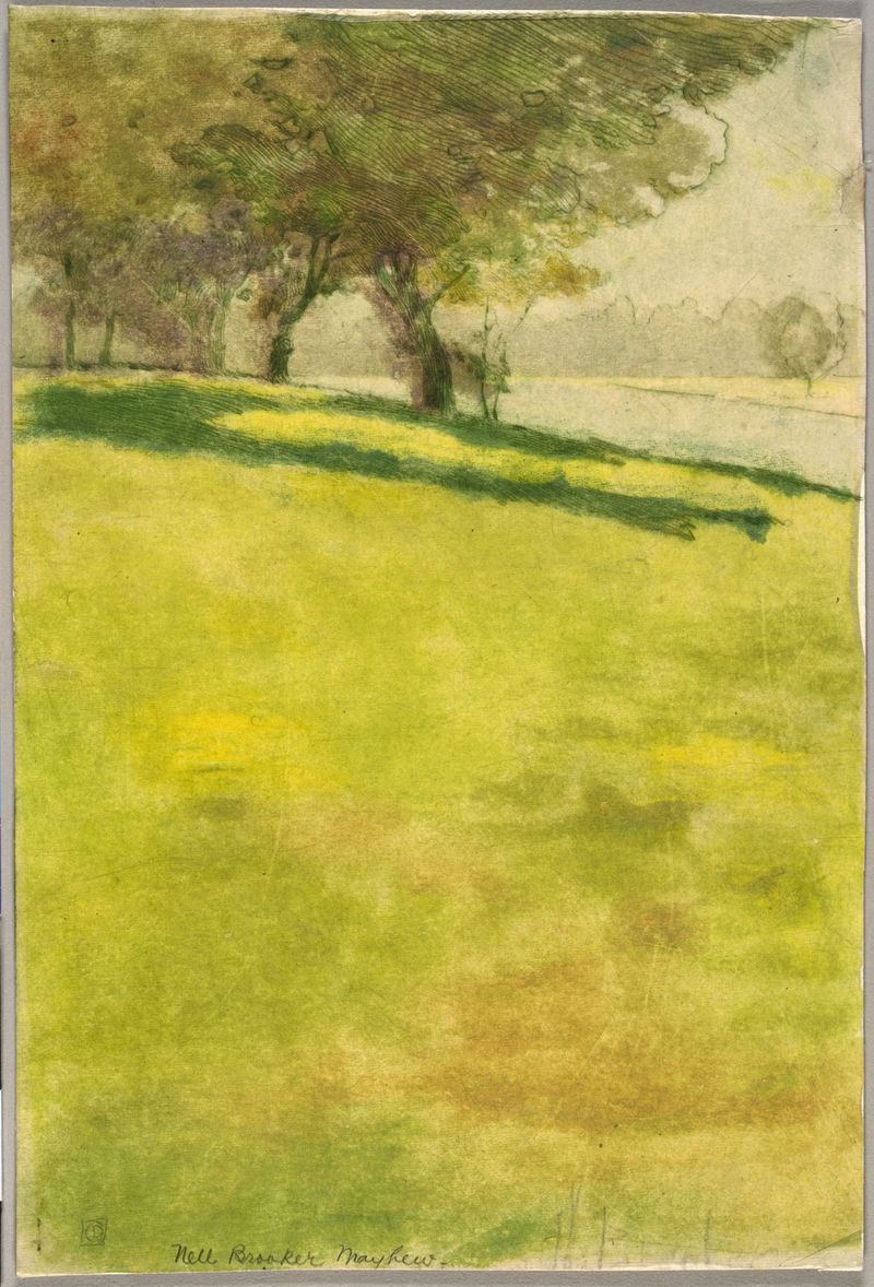 Paisagem de Nell Brooker Mayhew, impressionismo, retratando colinas suaves e natureza serena.