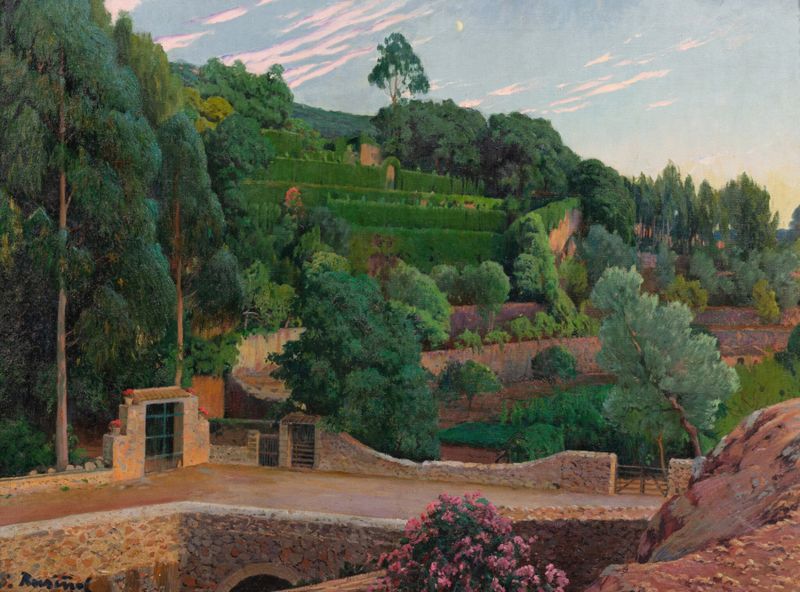 Green Amphitheater de Santiago Rusiñol, óleo sobre tela que retrata um jardim vibrante com famílias.