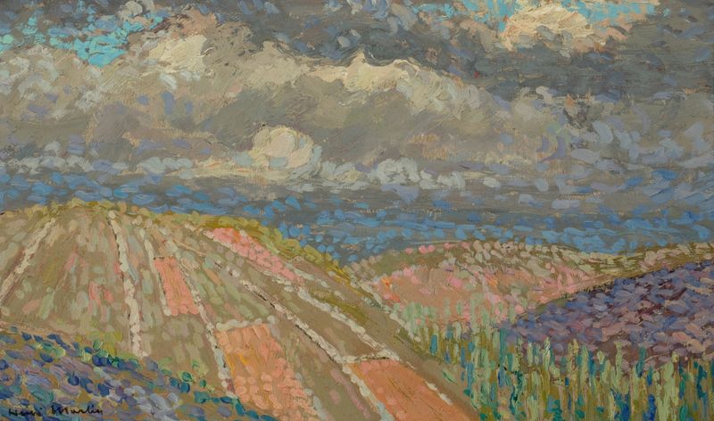 Paisaje de colinas con verdes suaves y marrones, pintura al óleo de Henri Martin